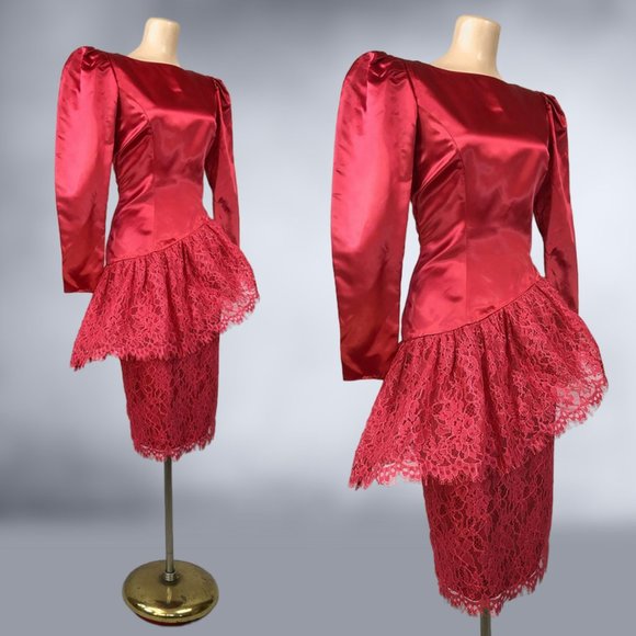 Vintage 80s Red Satin and Lace Peplum Cocktail Party Dress by Sylvia Ann Size 8 - Picture 4 of 10